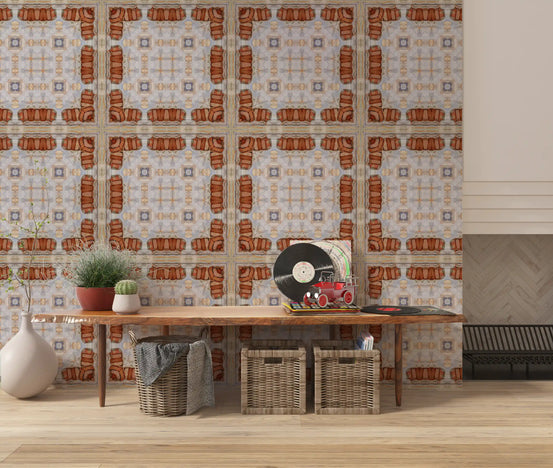 Brick wallpaper behind a wood console with wicker baskets and a record player GD13693