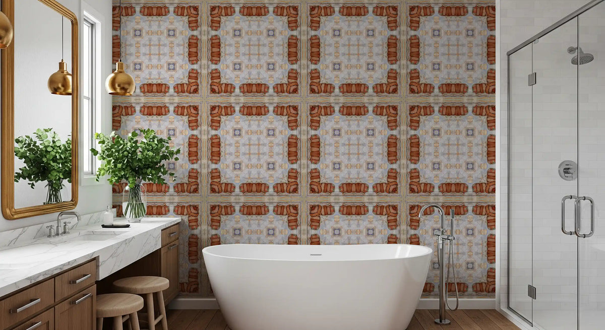 Aged Plaster and Brick Geometric Grid Wallpaper⁠