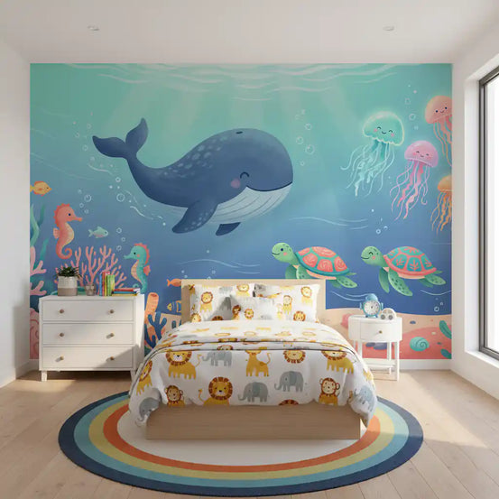 Friendly Whale and Friends Ocean Scene Wall Mural