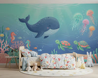 Friendly Whale and Friends Ocean Scene Wall Mural