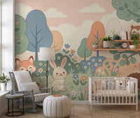 Friendly Woodland Creatures in Soft Pastel Forest Wall Mural