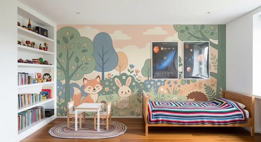 Woodland animal mural beside white bookshelves and a wooden bed with a striped crochet blanket GD13696
