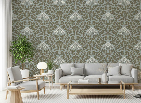 Botanical wallpaper behind a light gray sofa, glass coffee table and wood armchair GD13714