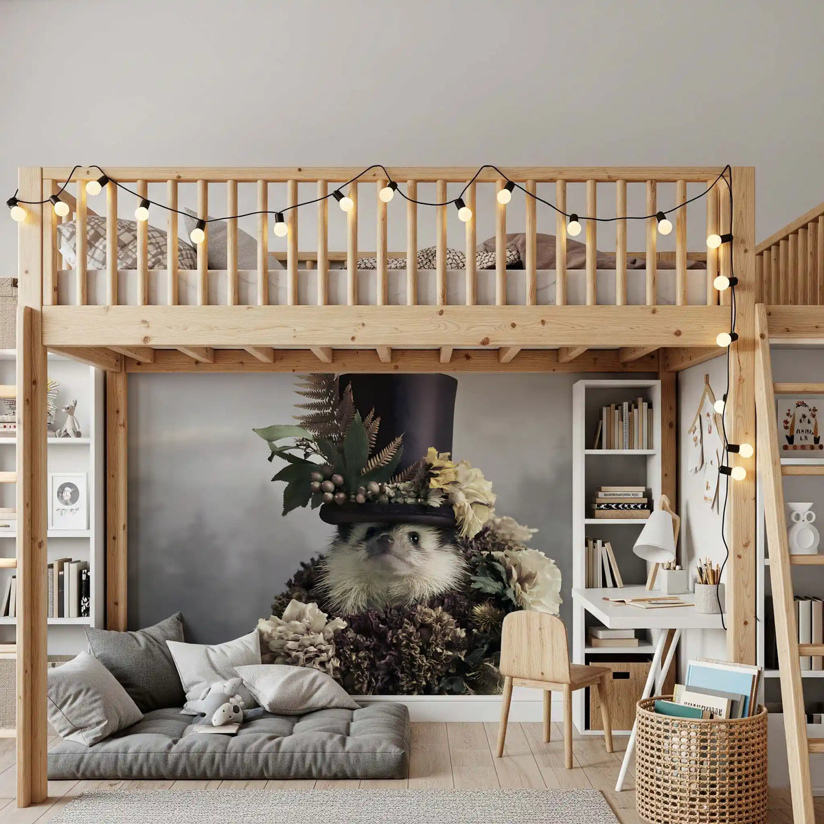 Hedgehog in Botanical Top Hat Wall Mural