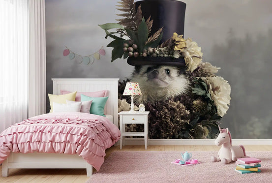 Hedgehog wallpaper mural in a girls room with a pink ruffled bed and unicorn toy GD13719