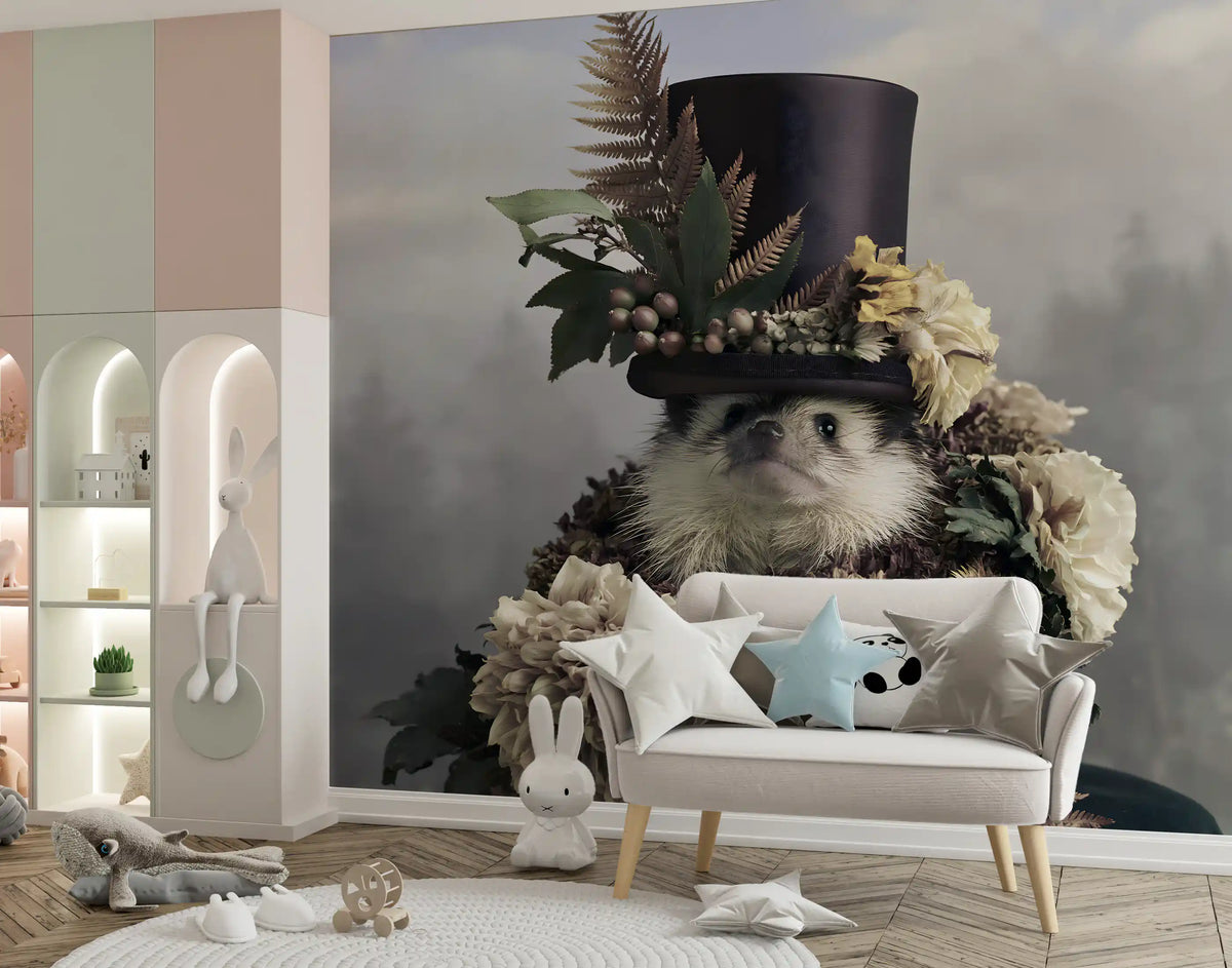 Hedgehog in Botanical Top Hat Wall Mural