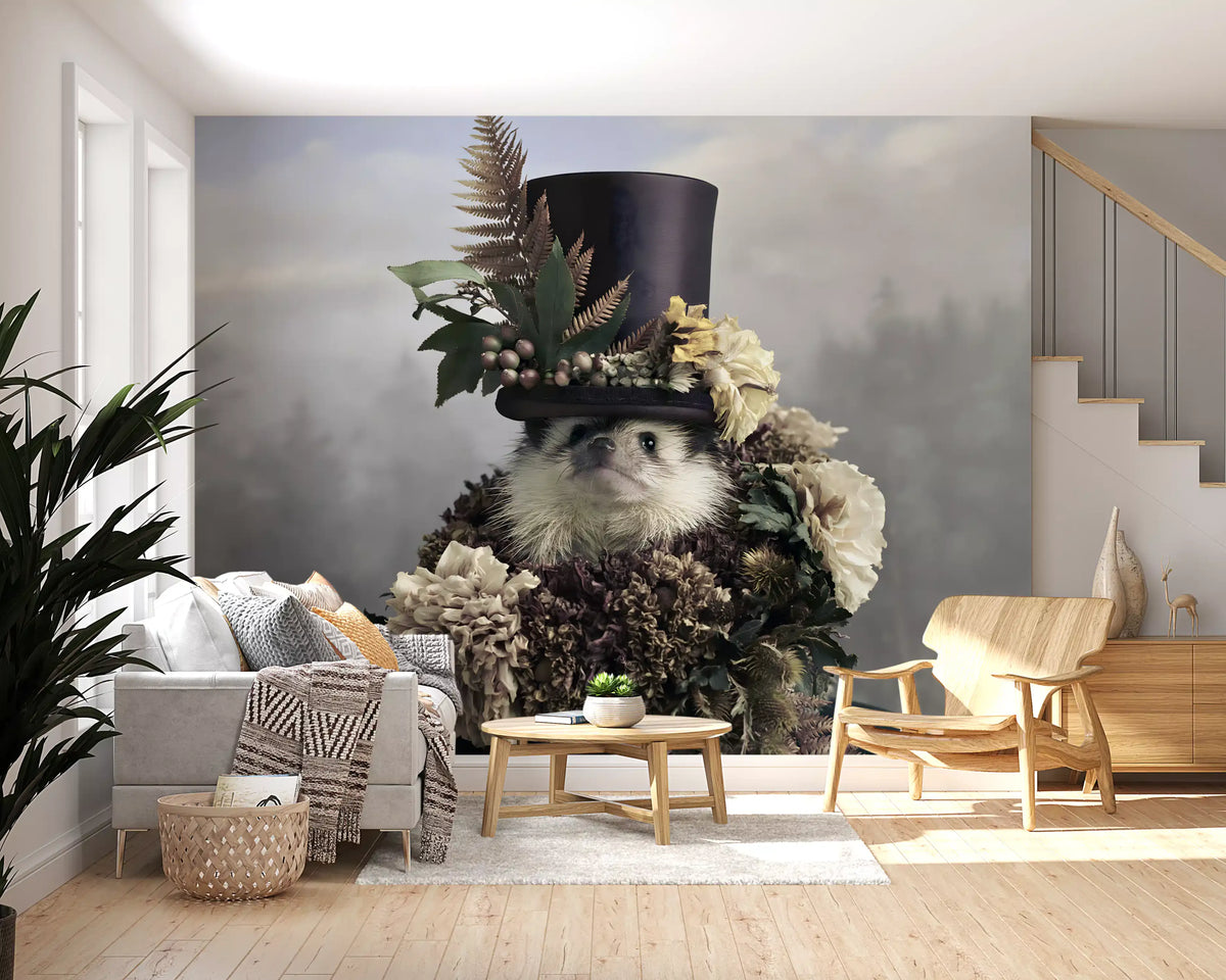 Hedgehog in Botanical Top Hat Wall Mural