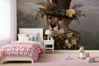 Cheetah in Top Hat with Floral Crown Wall Mural