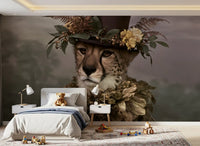 Cheetah in Top Hat with Floral Crown Wall Mural