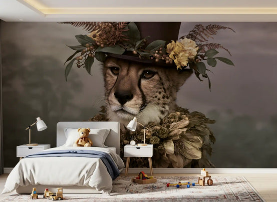 Cheetah top hat animal wallpaper behind white kids bed with teddy bear and wooden toys GD13720