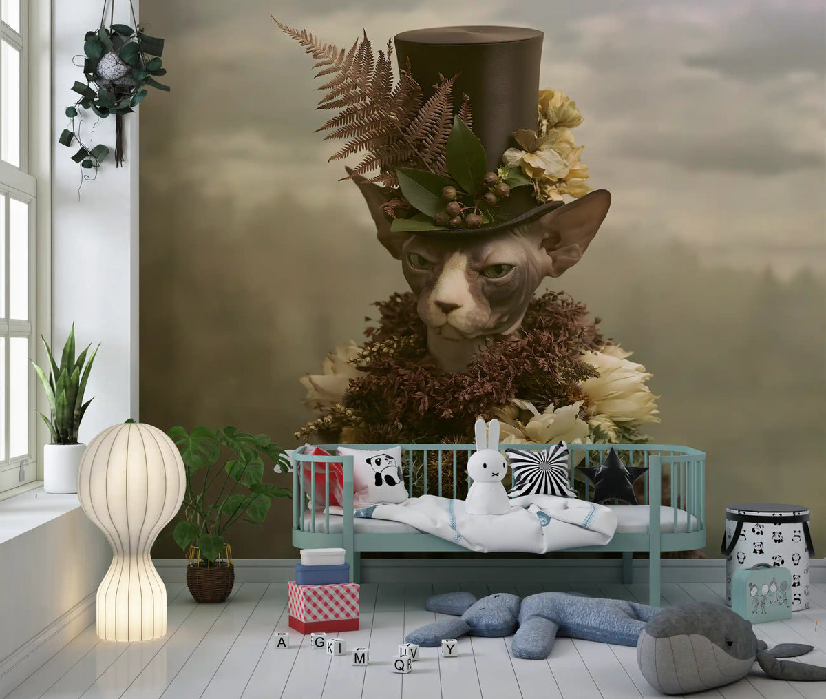 Dapper Sphynx in Top Hat and Florals Wall Mural