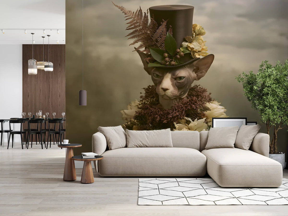Dapper Sphynx in Top Hat and Florals Wall Mural