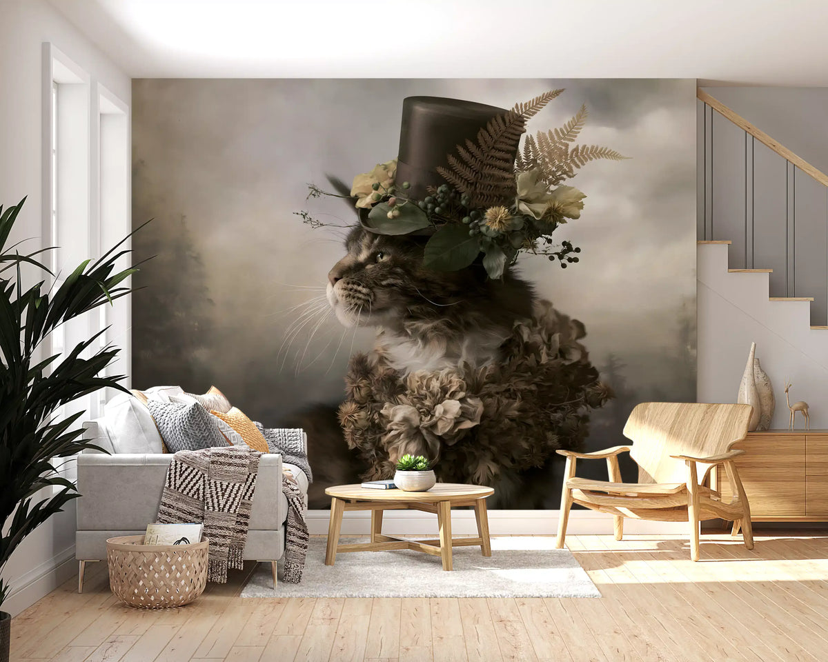 Aristocratic Cat with Floral Top Hat Wall Mural
