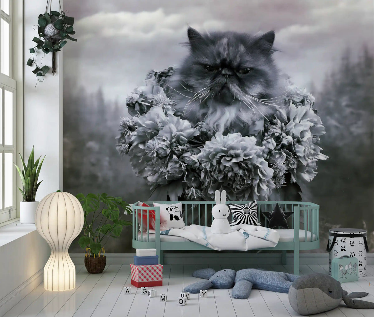 Persian Cat with Floral Wreath Wall Mural