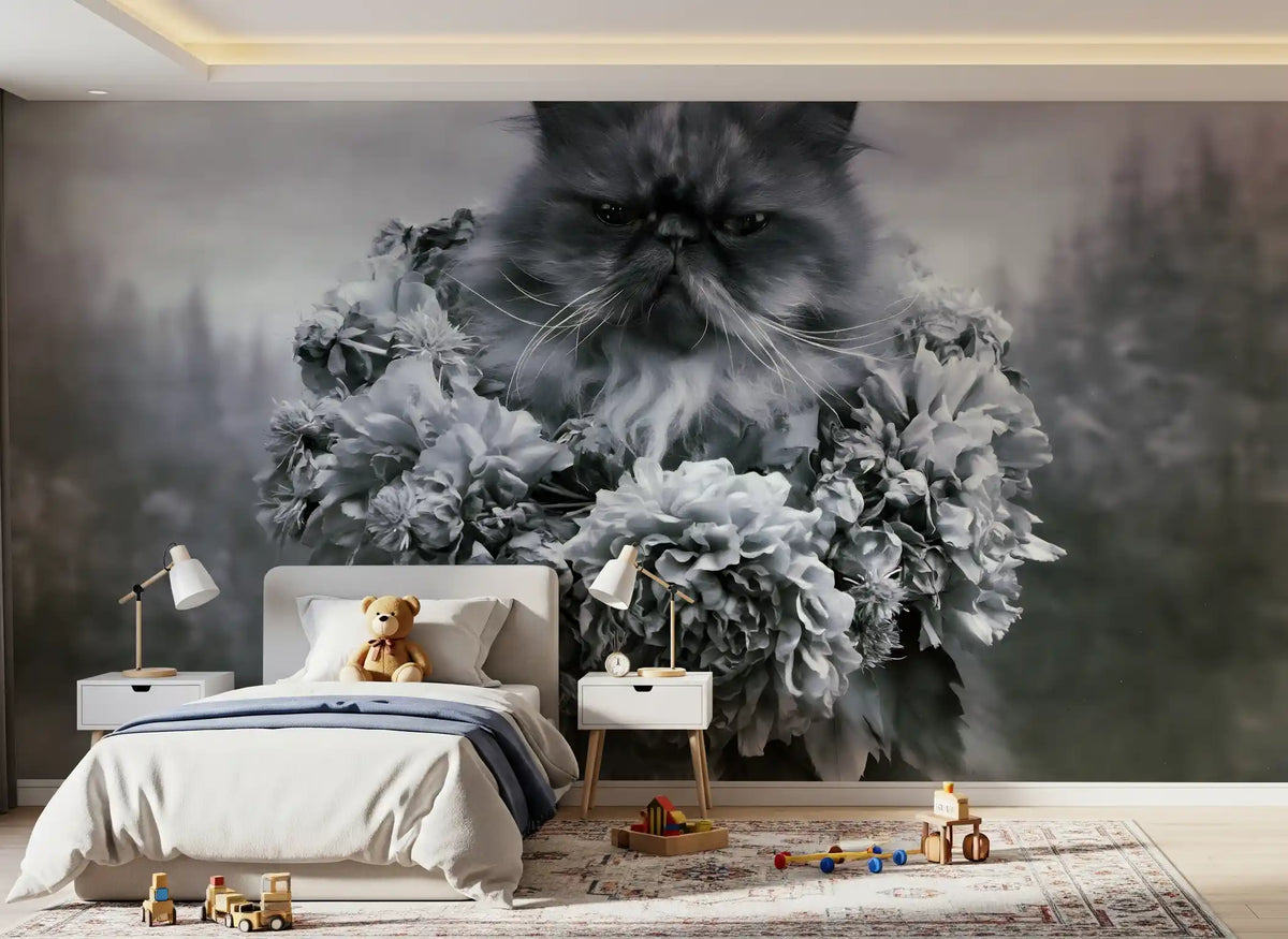 Persian Cat with Floral Wreath Wall Mural