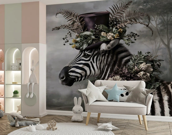 Zebra animal wallpaper behind nursery armchair with star cushions and bunny toy GD13724
