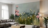 Soft Pink Petals in Meadow Haze Wall Mural