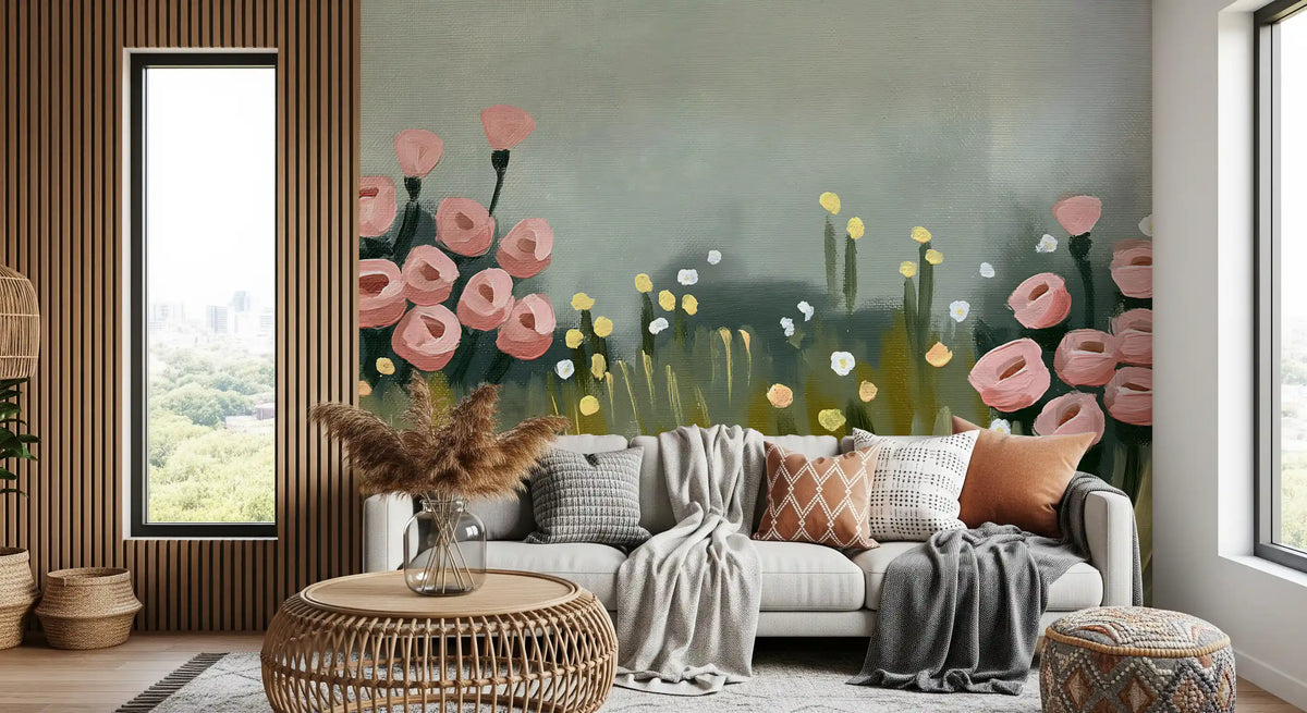 Soft Pink Petals in Meadow Haze Wall Mural