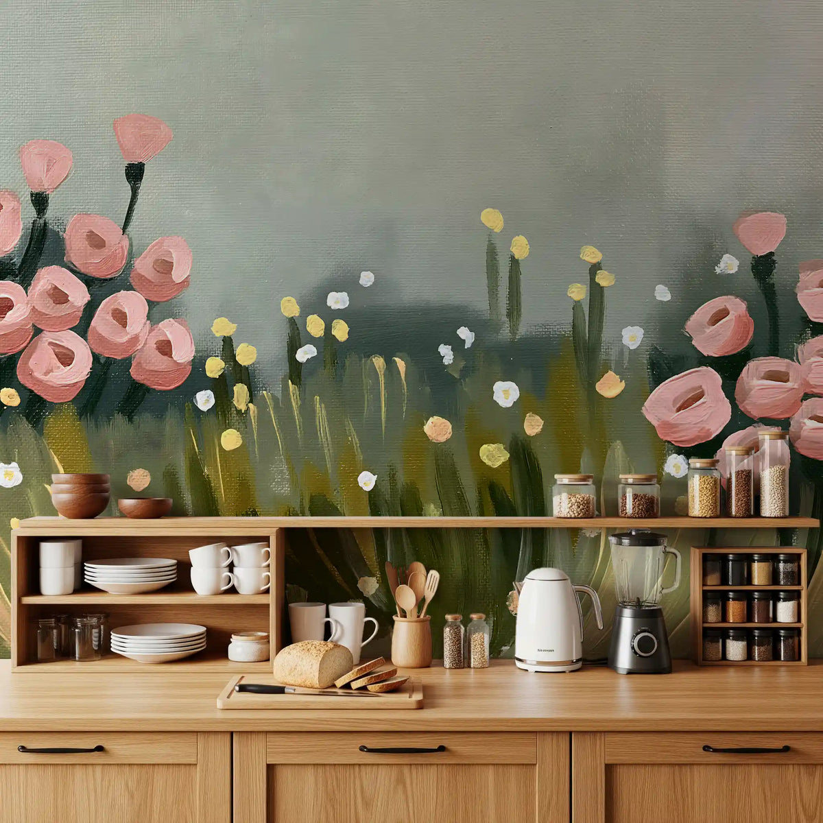 Soft Pink Petals in Meadow Haze Wall Mural