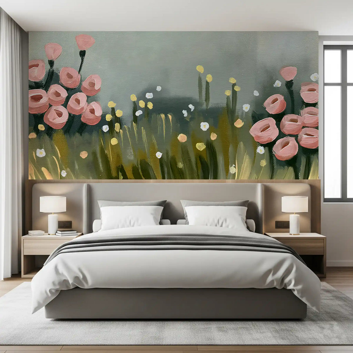 Soft Pink Petals in Meadow Haze Wall Mural
