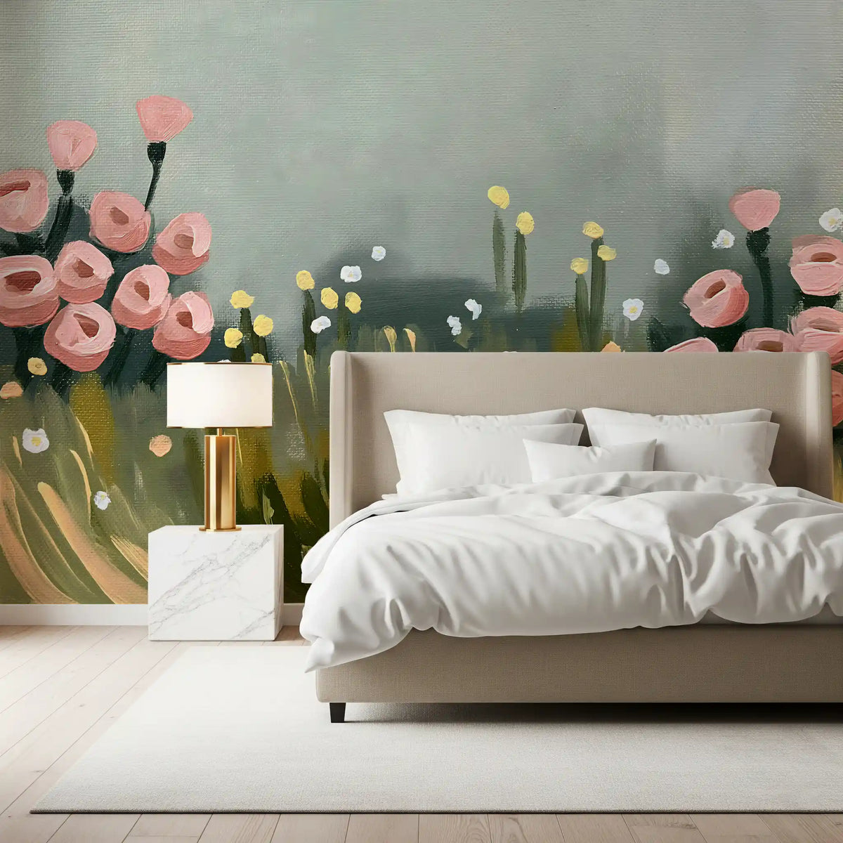 Soft Pink Petals in Meadow Haze Wall Mural