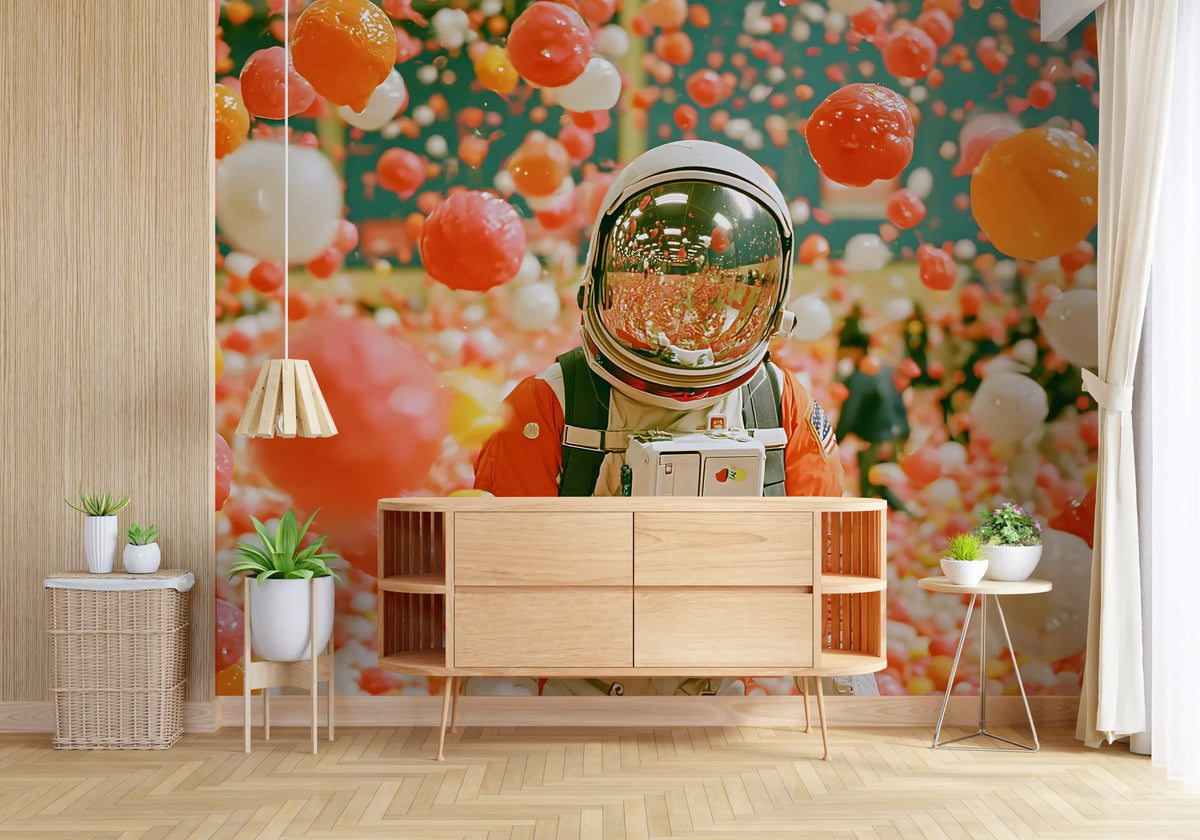 Astronaut Amidst Floating Orbs Wall Mural