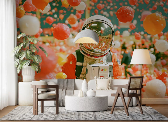 Space wallpaper mural of astronaut and orbs behind white sofa and wooden dining chairs GD13732