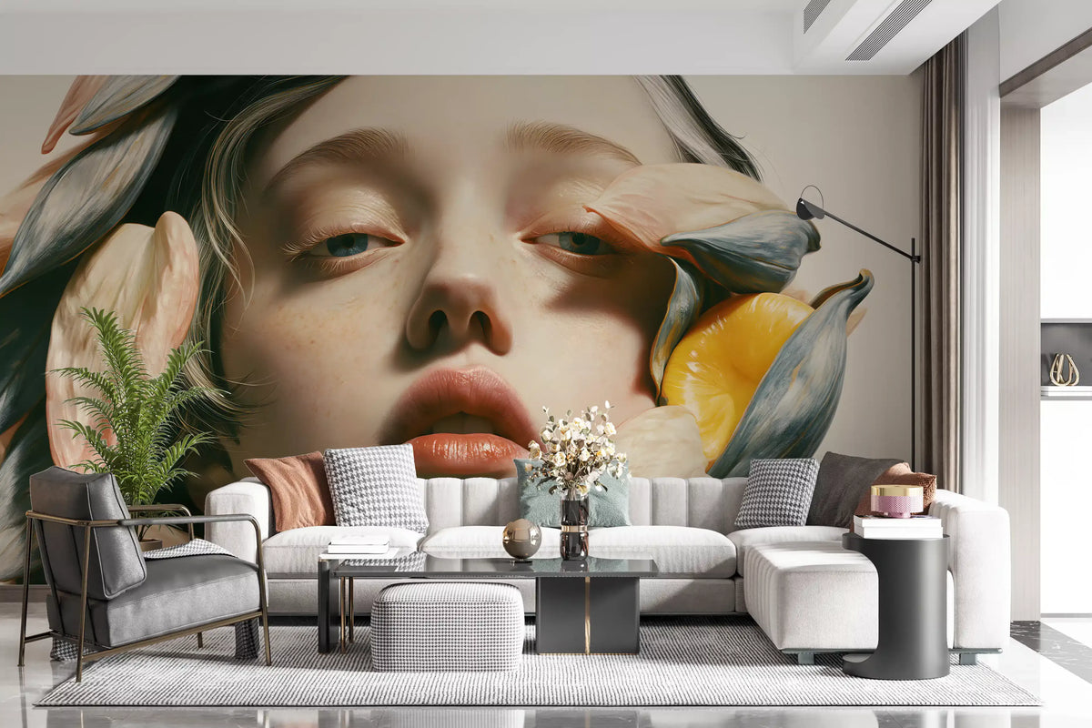 Botanical wallpaper portrait mural behind white sectional and gray armchair GD13733