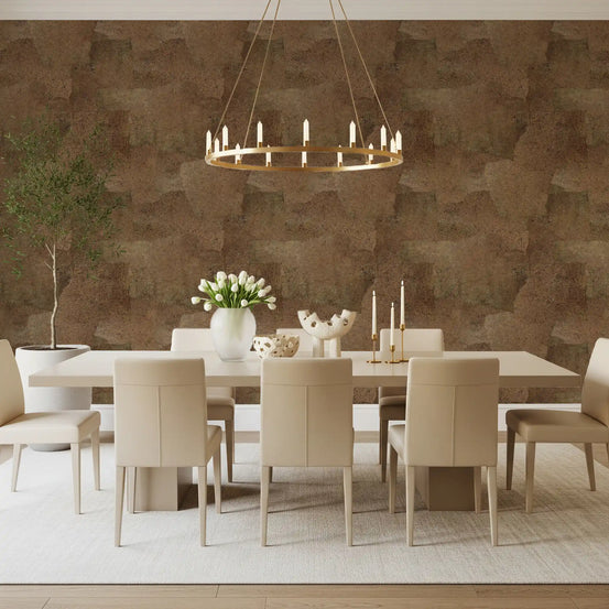 Rustic wallpaper behind a long white dining table, beige chairs and ring candle chandelier GD13743