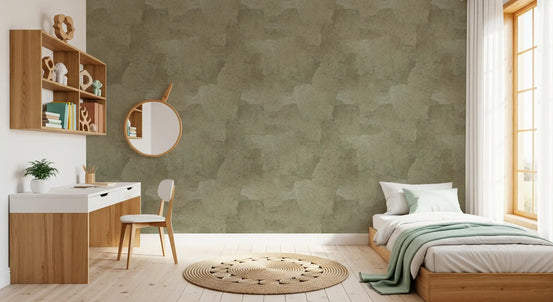 Beige wallpaper in a kids bedroom with single bed, white desk and round wall mirror GD13747