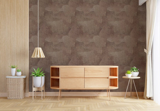 Blush wallpaper in an entryway with oval wood sideboard, woven pendant and plants GD13749