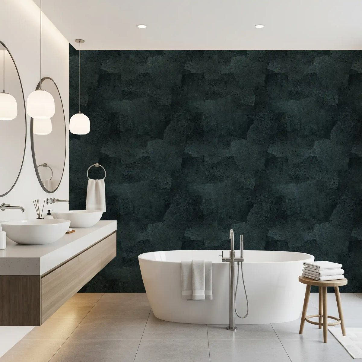 Bathroom with freestanding white tub and round mirrors on petrol blue abstract wallpaper GD13750