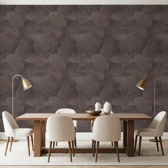 Dining room with walnut table, cream chairs and brass floor lamps on fig surface wallpaper GD13751