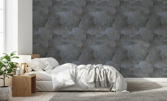 Bedroom with white bedding, oak nightstand and lamp on frost gray contemporary wallpaper GD13752