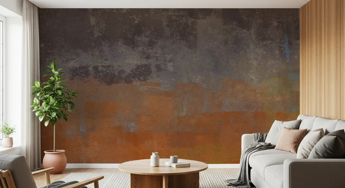 Living room with gray sofa, round wood coffee table and potted tree on a rust abstract mural GD13757