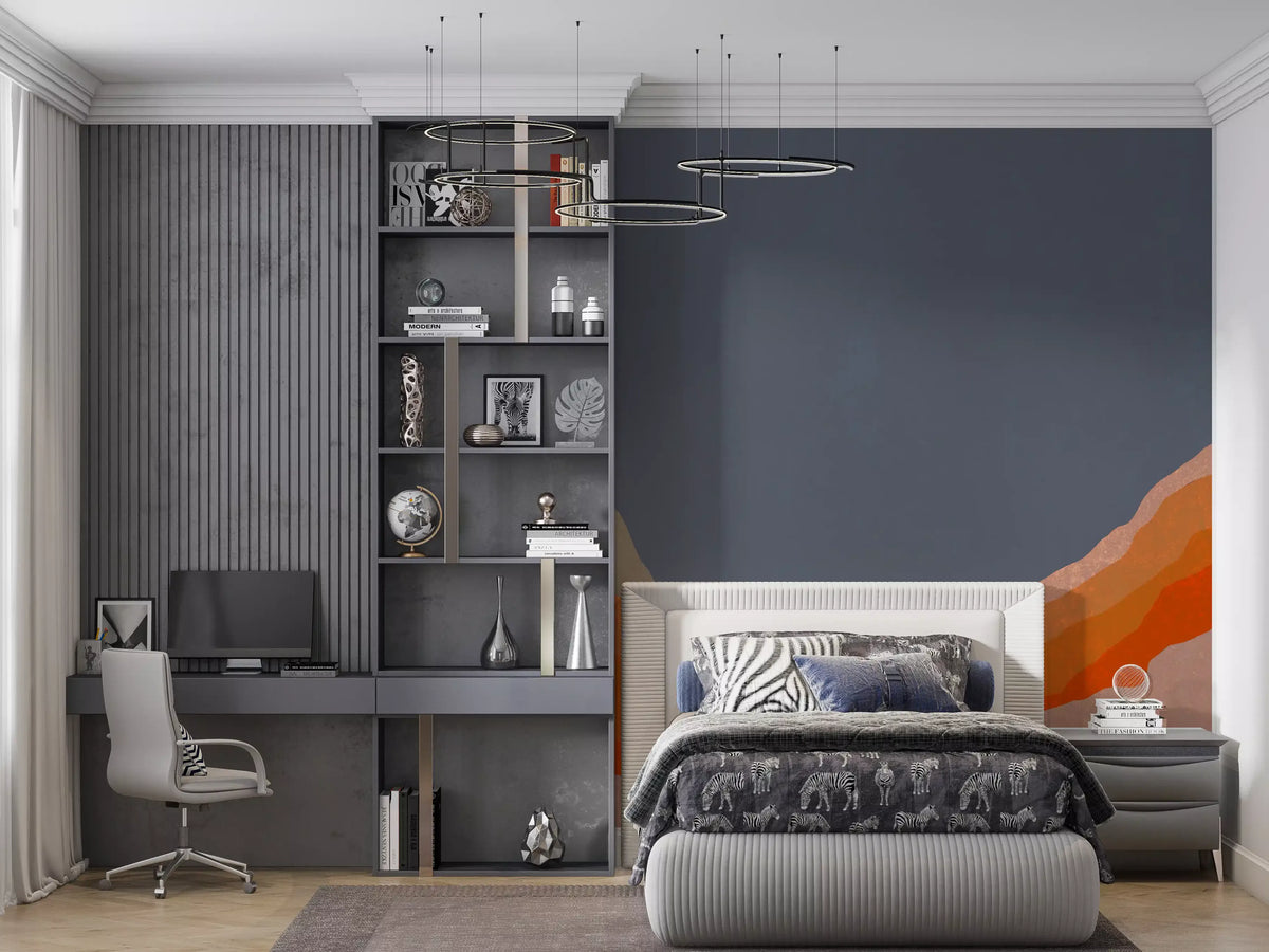 Teen bedroom with gray shelving, desk and zebra pillows on a slate and orange hills mural GD13761