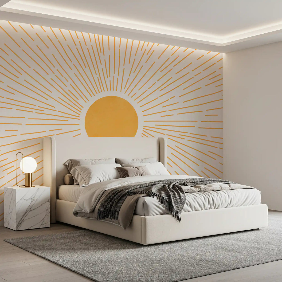 Bedroom with white upholstered bed and marble nightstand under a yellow sunburst GD13764