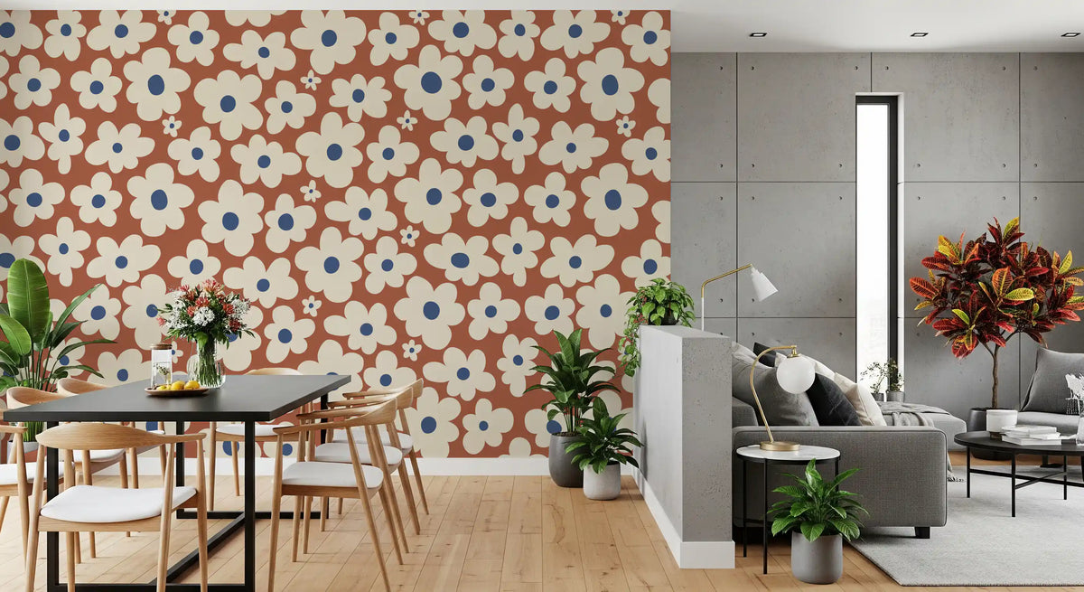 Retro Cream and Rust Floral Bloom Pattern Wall Mural