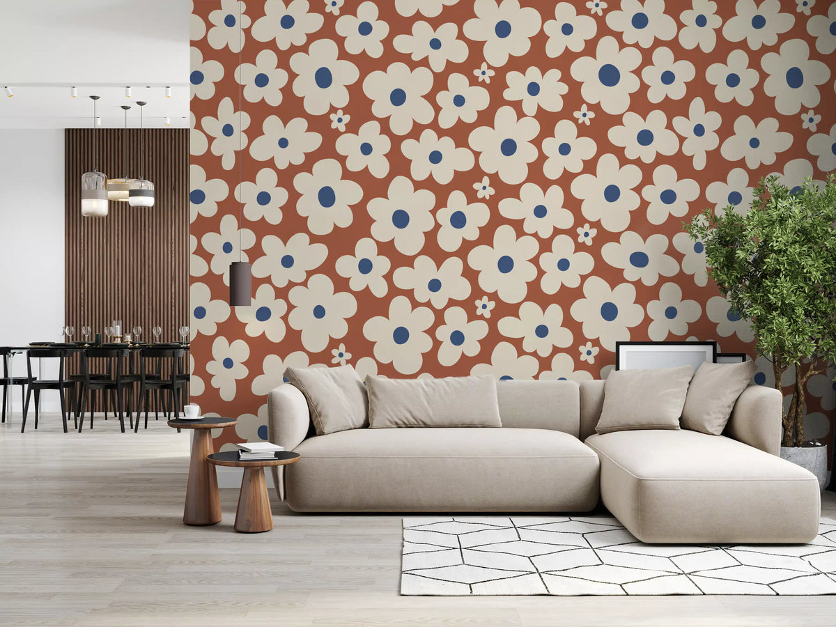 Retro Cream and Rust Floral Bloom Pattern Wall Mural