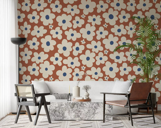 Retro Cream and Rust Floral Bloom Pattern Wall Mural