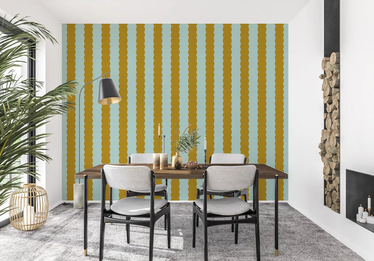 Mustard and Mint Scalloped Vertical Stripes Wall Mural