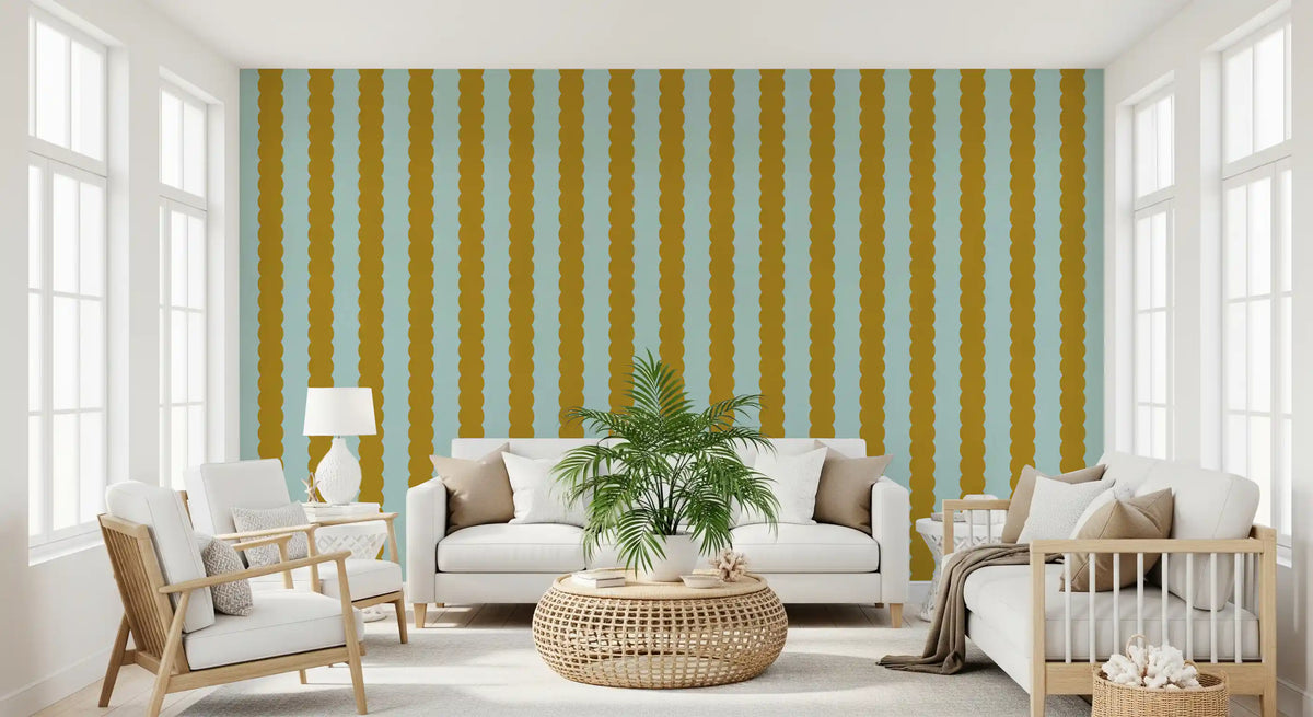 Mustard and Mint Scalloped Vertical Stripes Wall Mural