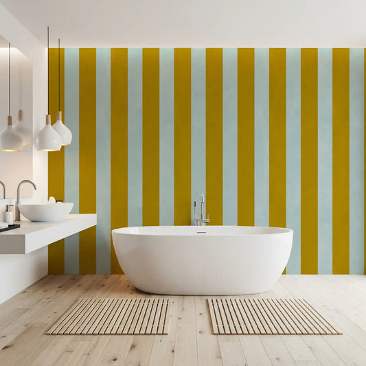 Bathroom with white freestanding tub, floating basin and pendant lights on ochre sage stripes GD13777