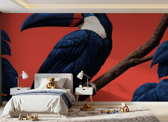 Tropical wallpaper mural of a toucan behind a white kids bed with teddy bear GD13788