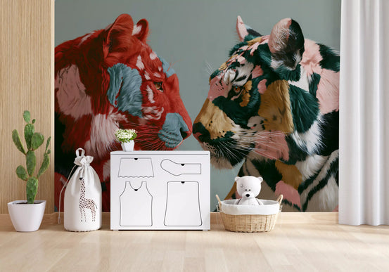 Tiger wallpaper mural behind a white kids dresser, cactus and teddy basket GD13791