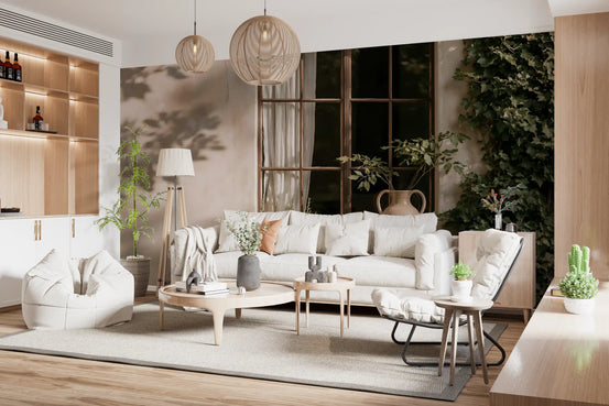 Living room with white sofa and rattan pendants under rustic wallpaper of a window GD13792