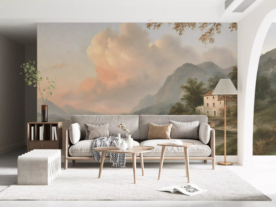Living room with gray sofa and wood side tables under a lake wallpaper mural GD13793
