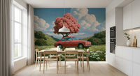 Vintage Red Coupe in Spring Meadow Wall Mural
