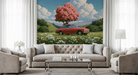 Vintage Red Coupe in Spring Meadow Wall Mural