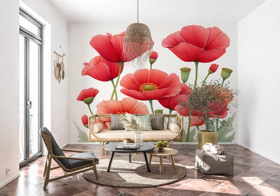 Poppy wallpaper in a sunny living room with cream loveseat and woven pendant light GD13798